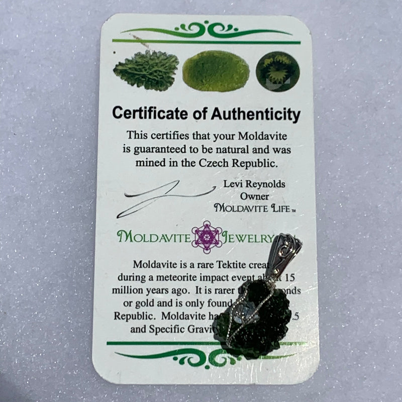 the pendant sits on the moldavite life certificate of authenticity