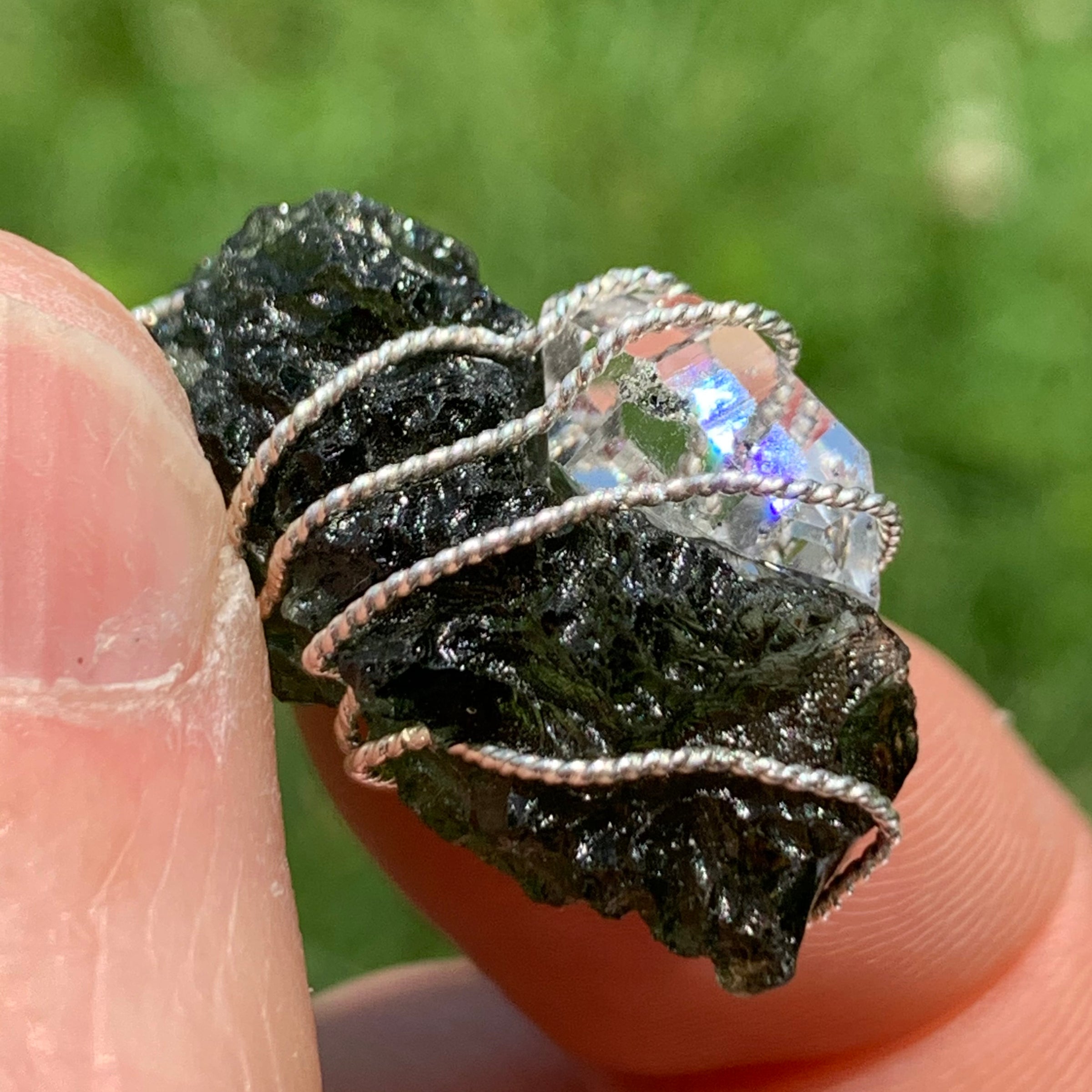 the moldavite herkimer diamond and sterling silver look magical together