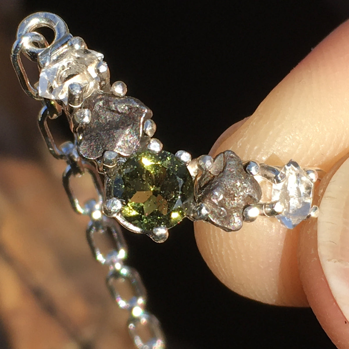 Moldavite Meteorite Herkimer Diamond Silver Necklace-Moldavite Life