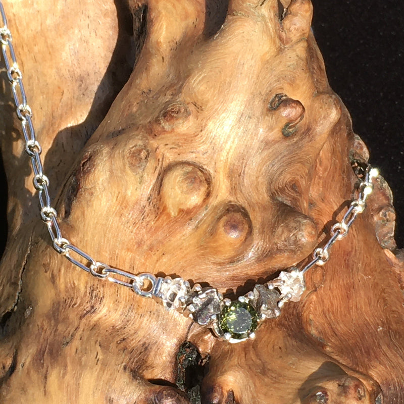 Moldavite Meteorite Herkimer Diamond Silver Necklace-Moldavite Life