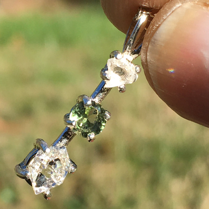 Moldavite Phenacite Herkimer Diamond Silver Pendant-Moldavite Life