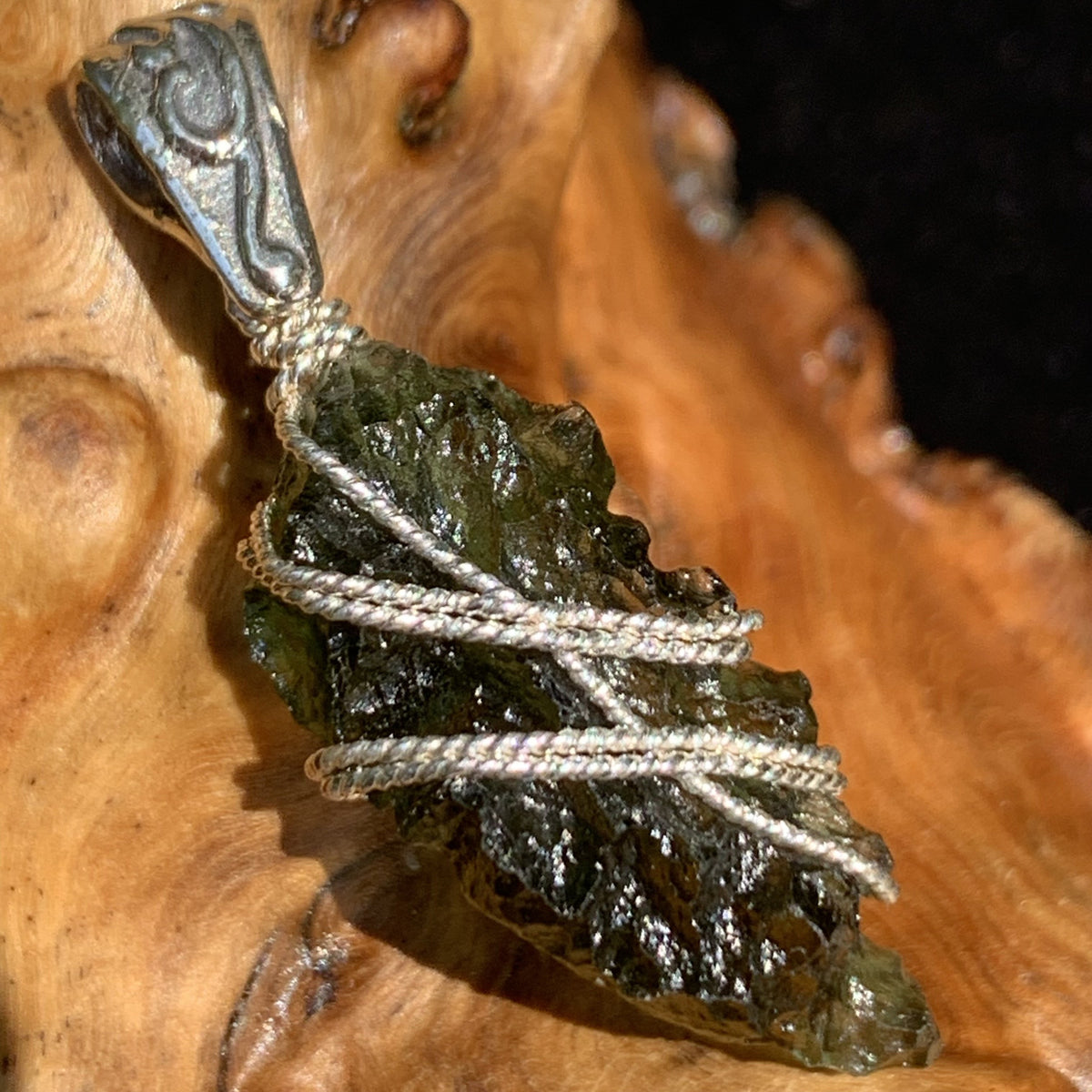 Moldavite Sterling Silver Wire Wrapped Pendant 1847-Moldavite Life