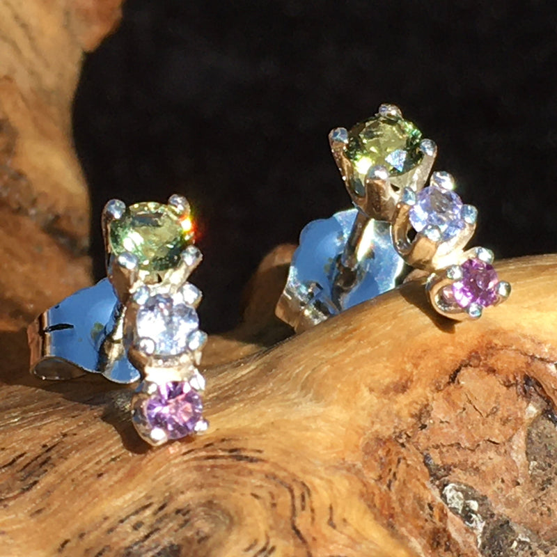 Moldavite Tanzanite Amethyst Sterling Stud Earrings-Moldavite Life