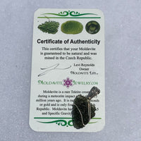 Wire wrapped moldavite pendant with Moldavite Life Certificate of Authenticity