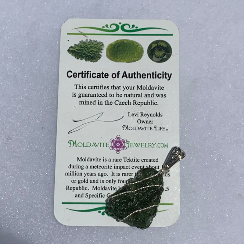 Wire wrapped moldavite pendant with Moldavite Life Certificate of Authenticity