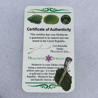 Wire wrapped moldavite pendant with Moldavite Life Certificate of Authenticity