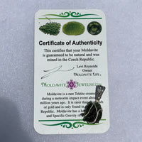 Wire wrapped moldavite pendant with Moldavite Life Certificate of Authenticity