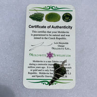 Moldavite sterling silver pendant on our certificate of authenticity