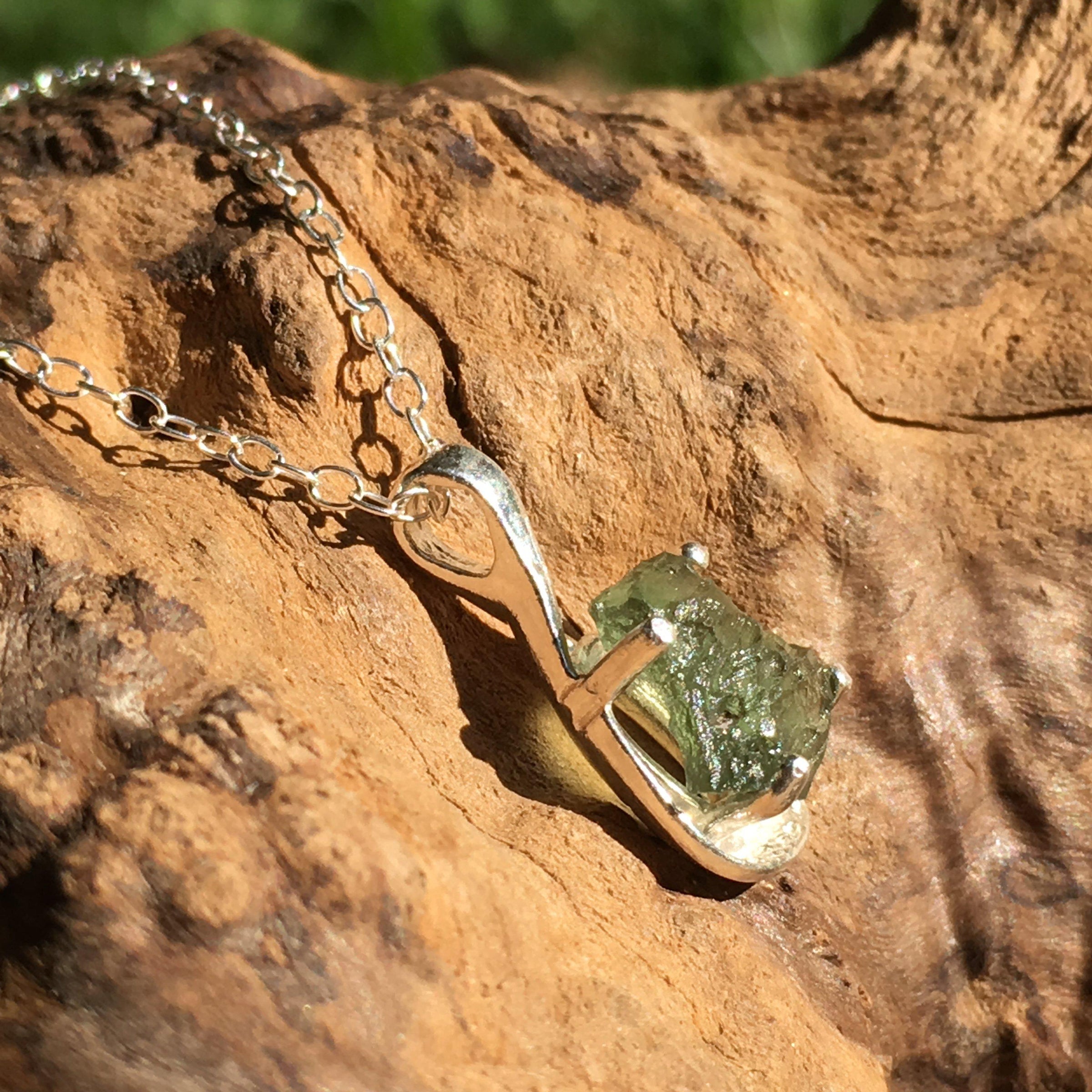 Natural Rough Sterling Silver Moldavite Tektite Pendant Necklace-Moldavite Jewelry