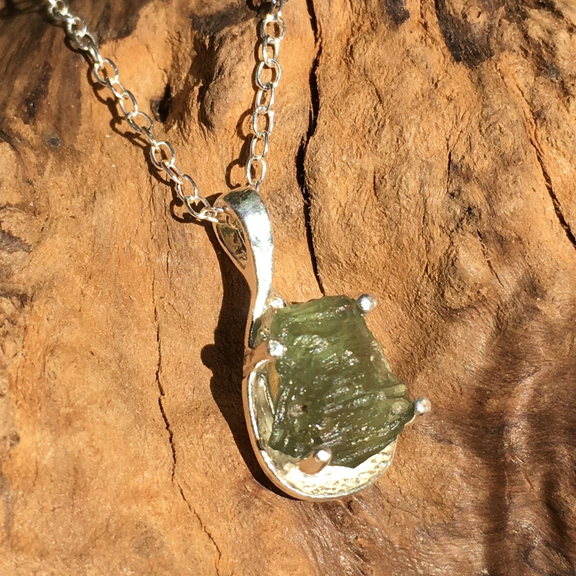 Natural Rough Sterling Silver Moldavite Tektite Pendant Necklace-Moldavite Jewelry