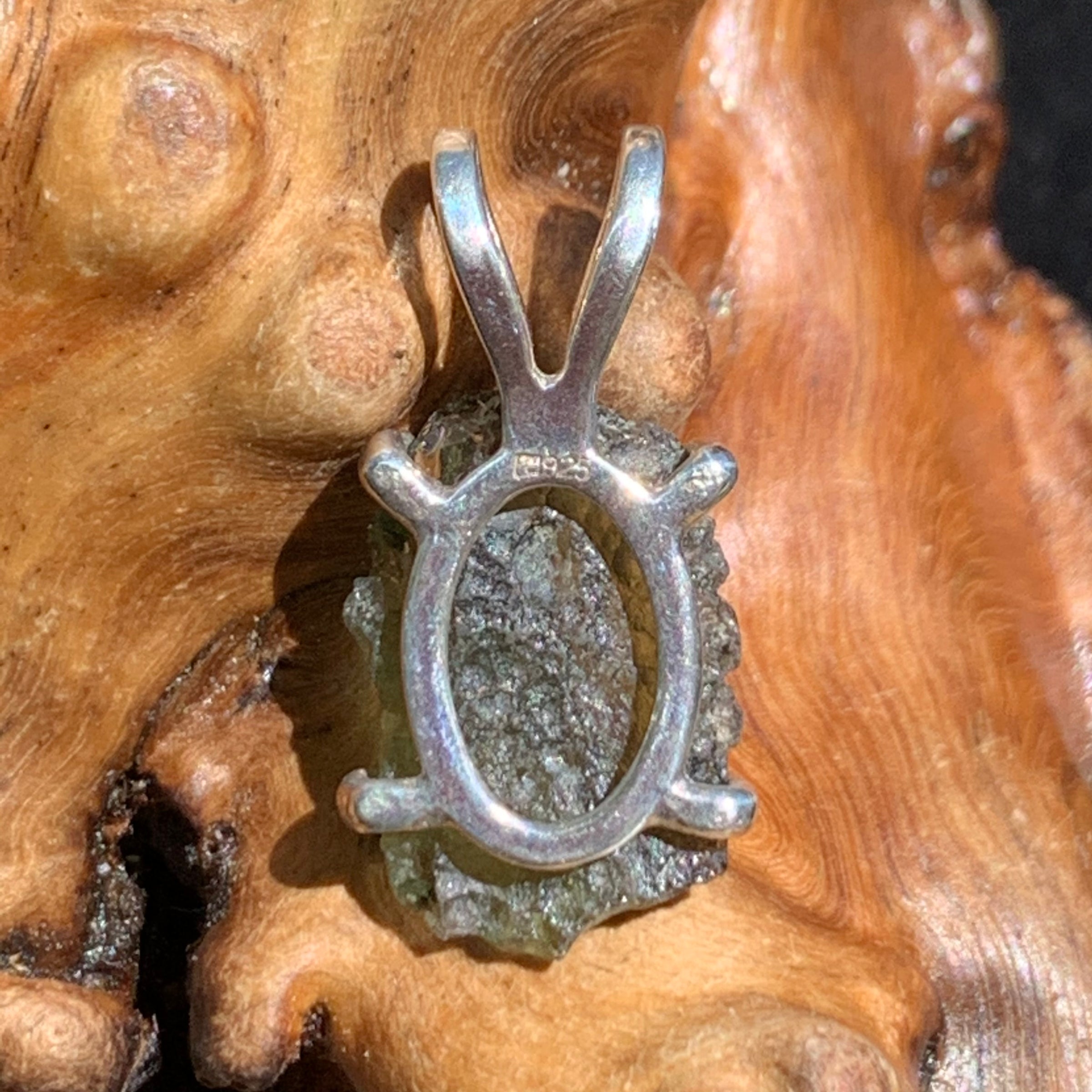 back side of raw moldavite tektite in 4 prong sterling silver basket pendant sitting on driftwood for display