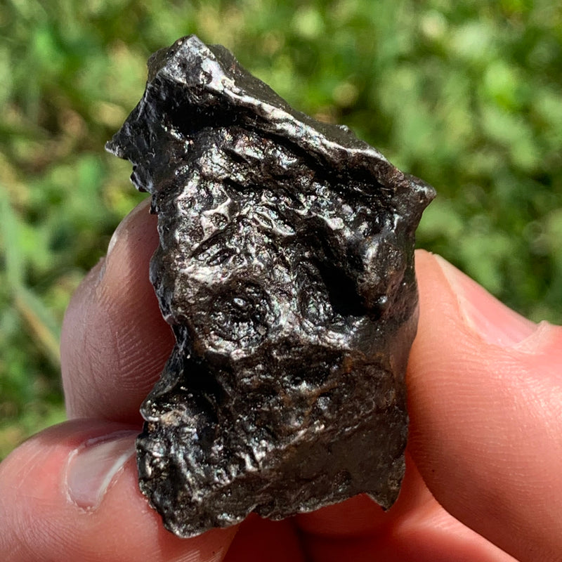 silver sikhote alin meteorite held in hand to show details