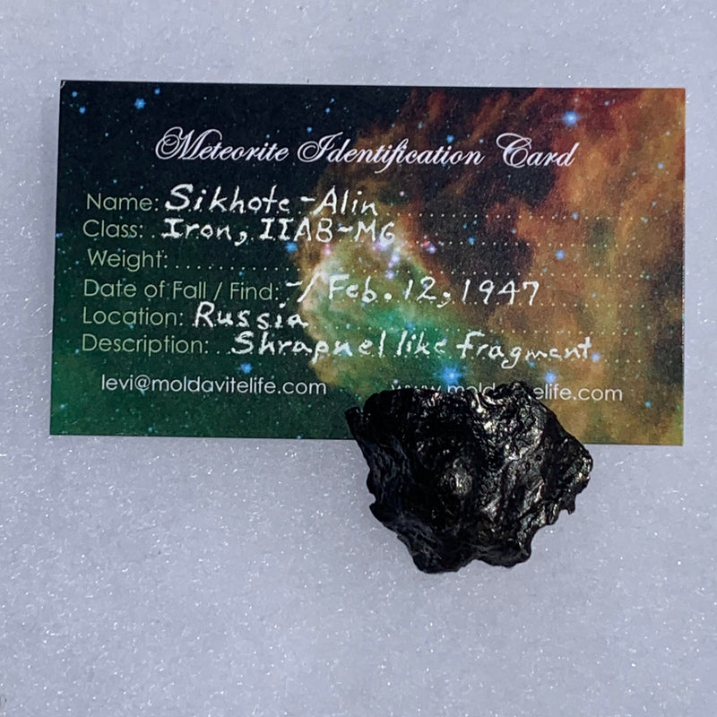 silver sikhote alin meteorite with a moldavite life meteorite identification card