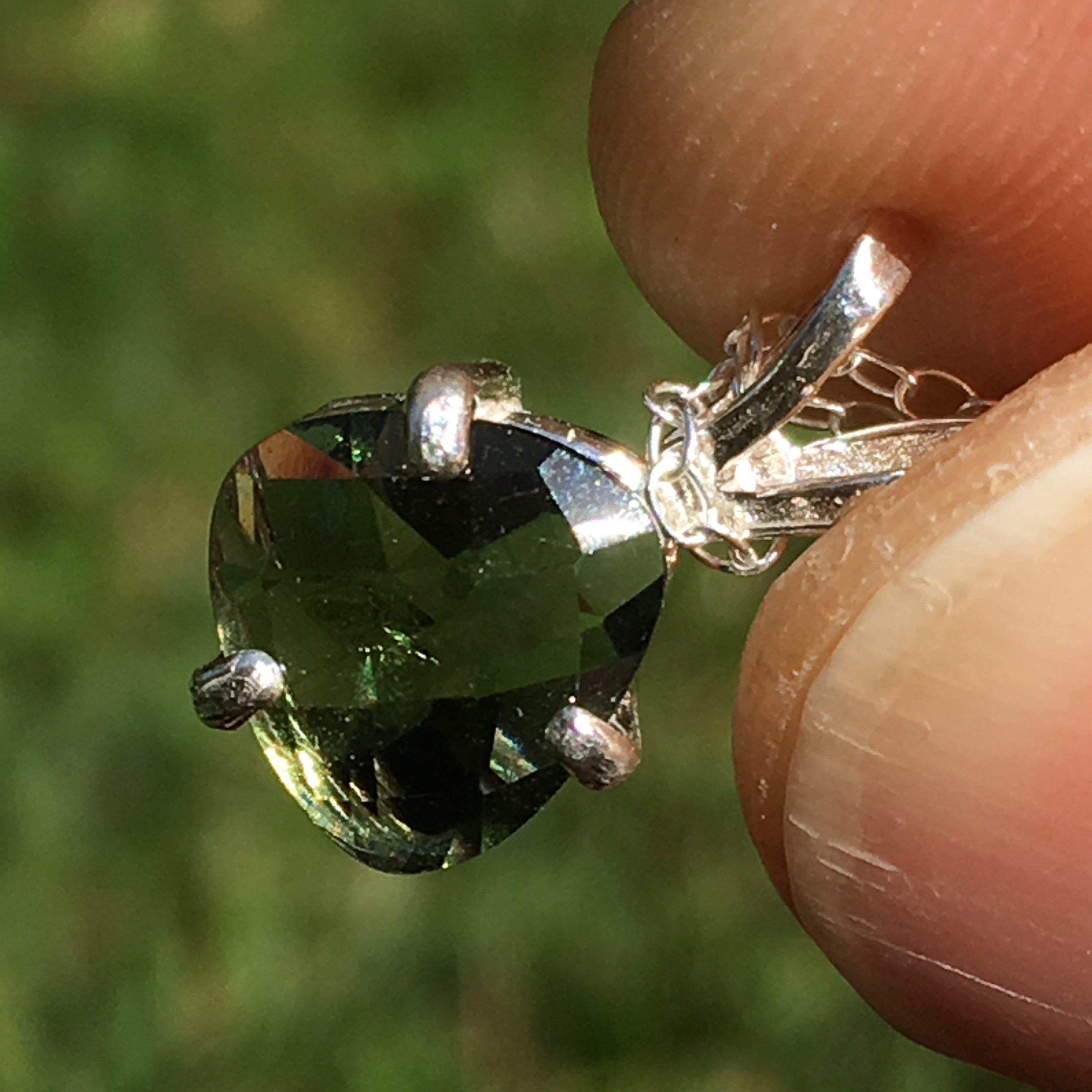 Silver Faceted Moldavite Pendant Trillion Cut Gem