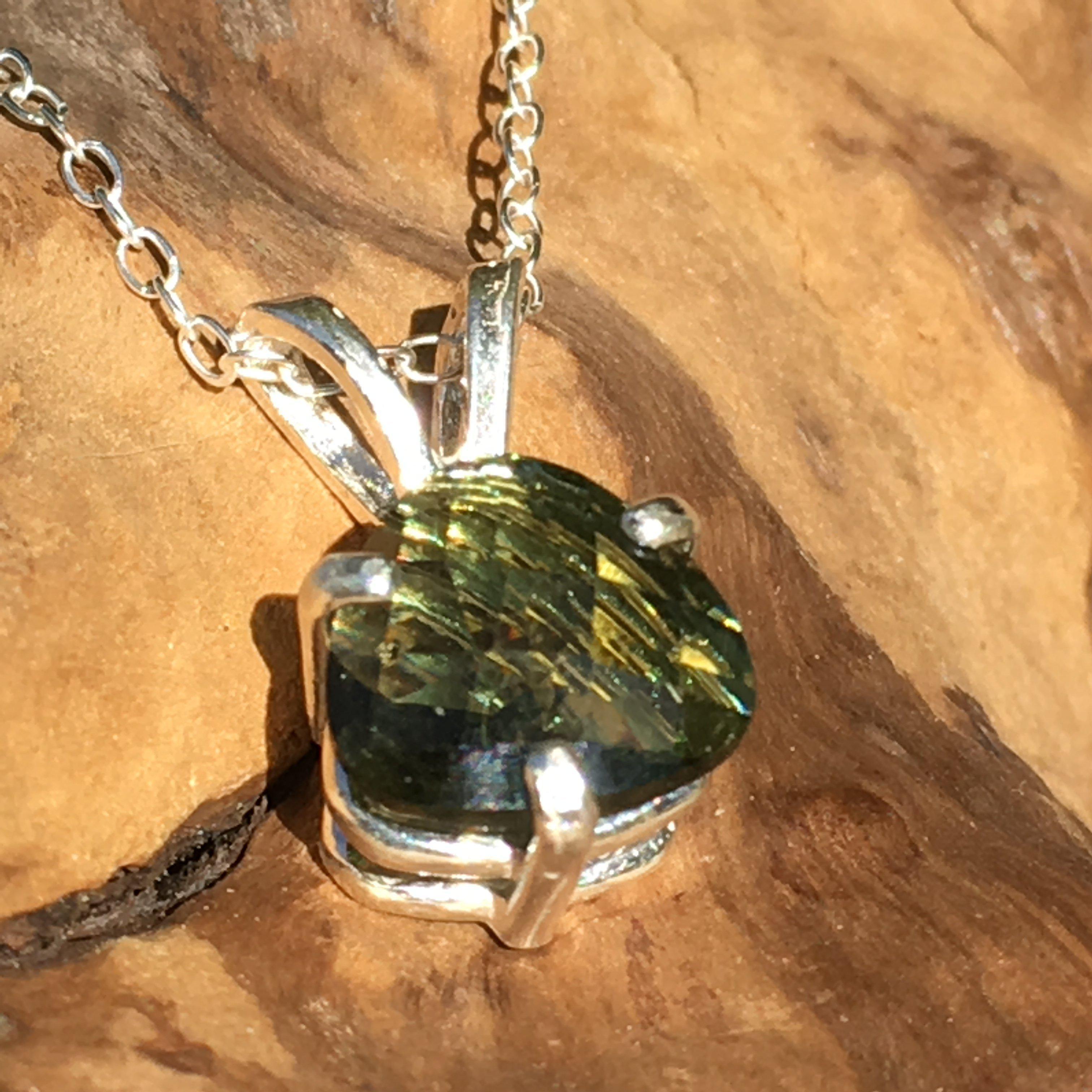 Silver Faceted Moldavite Pendant Trillion Cut Gem