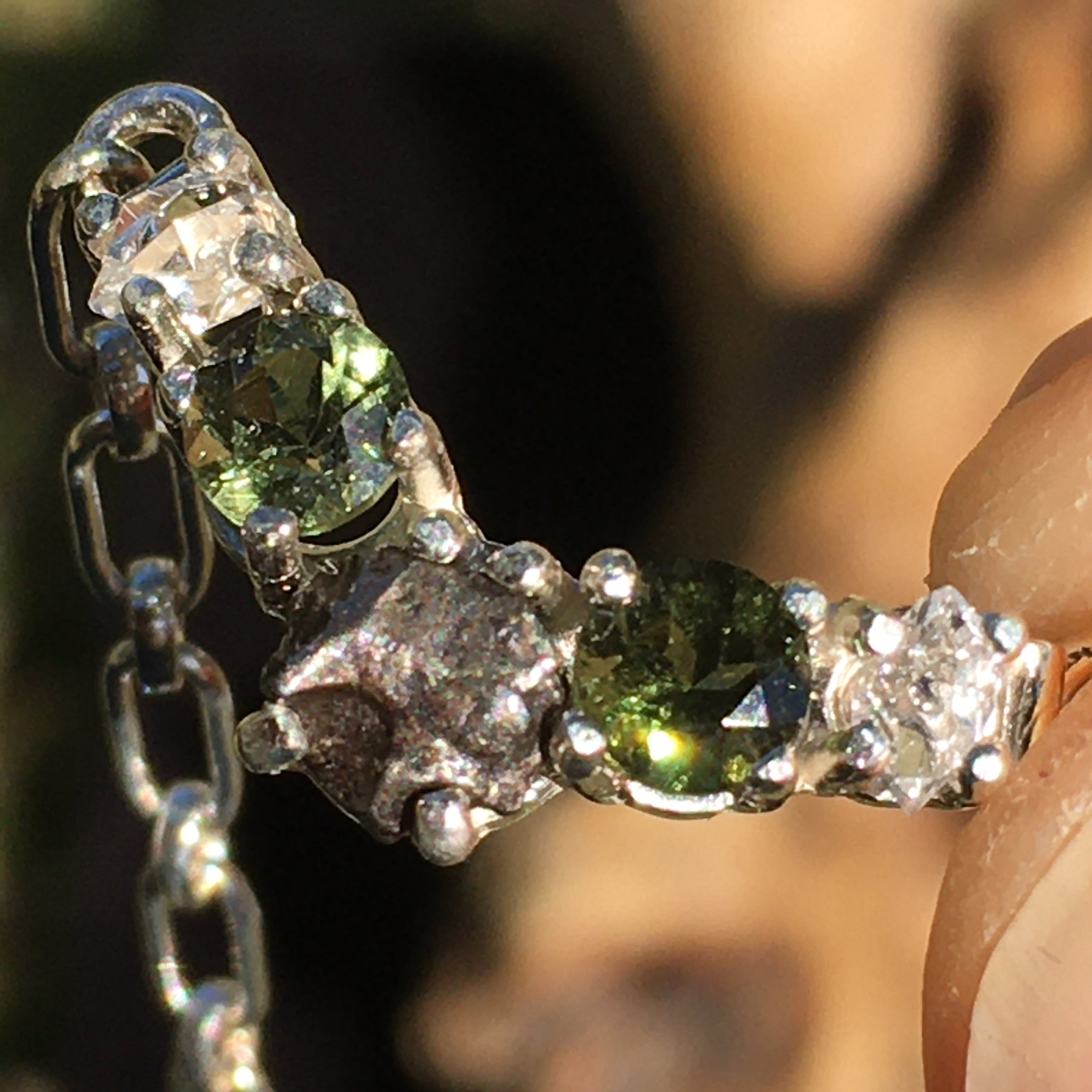 Silver Moldavite Meteorite Herkimer Diamond Crystal Necklace-Moldavite Life
