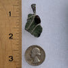 raw moldavite tektite and nwa 869 meteorite bead sterling silver wire wrapped pendant next to a ruler and US quarter for scale