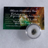 tatahouine meteorite in gem jar with a moldavite life meteorite identification card