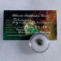 tatahouine meteorite in gem jar with a moldavite life meteorite identification card