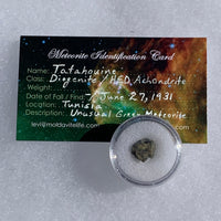 tatahouine meteorite in gem jar with a moldavite life meteorite identification card