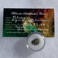 tatahouine meteorite in gem jar with a moldavite life meteorite identification card