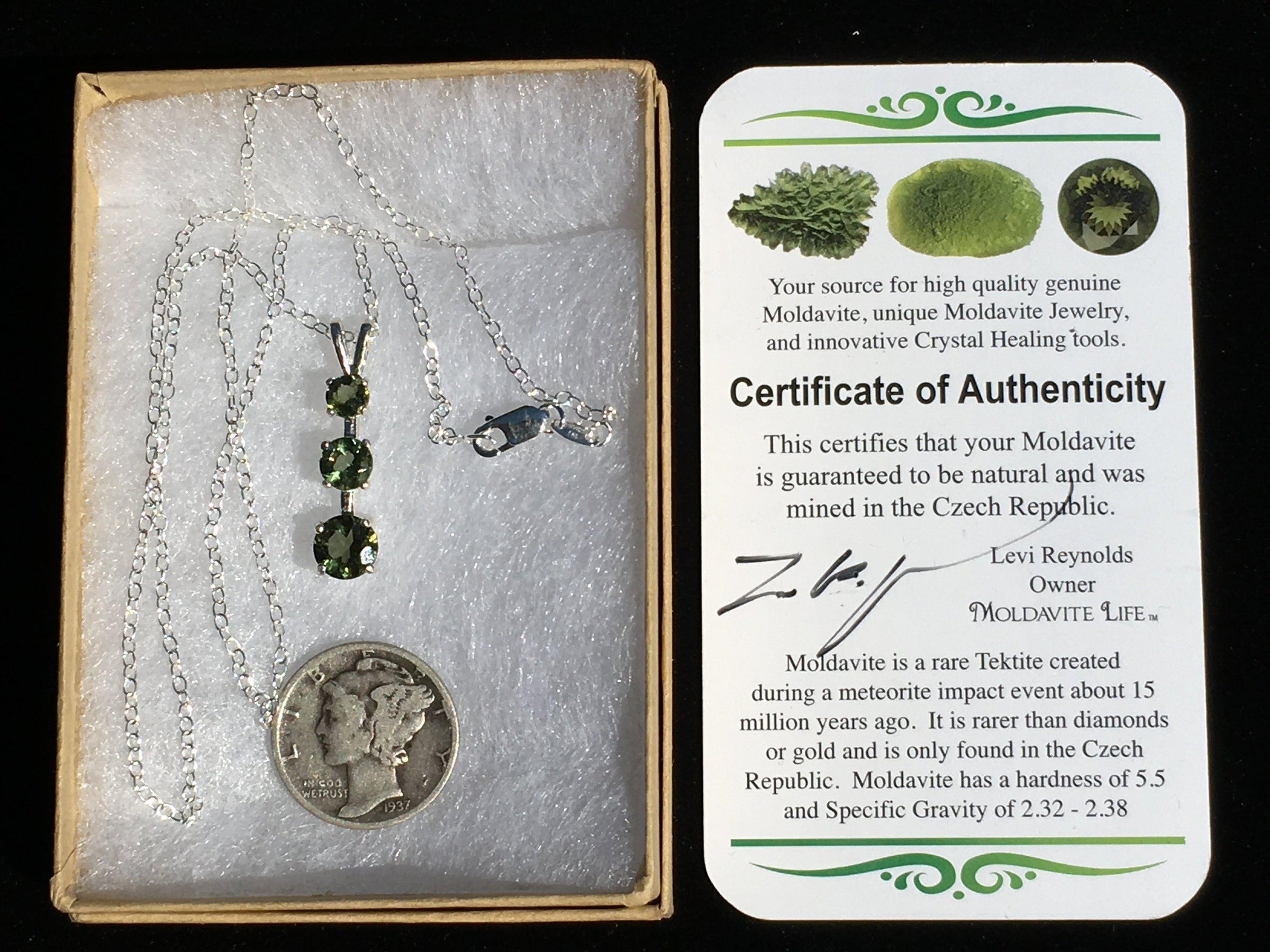 Triple Faceted Moldavite Gem Pendant Necklace Sterling Silver